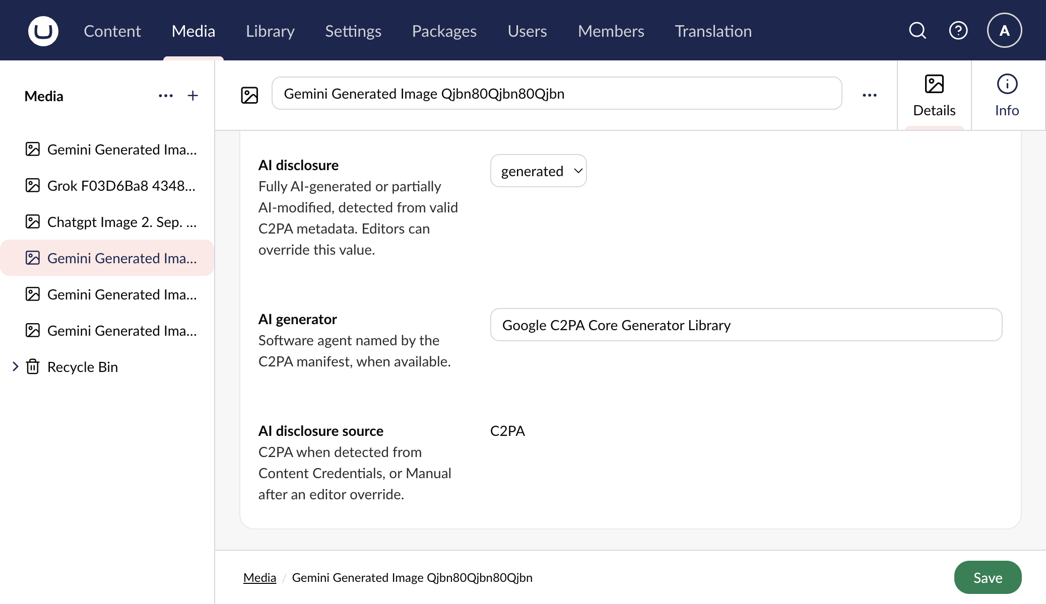 AI disclosure properties on an image in the Umbraco Media library