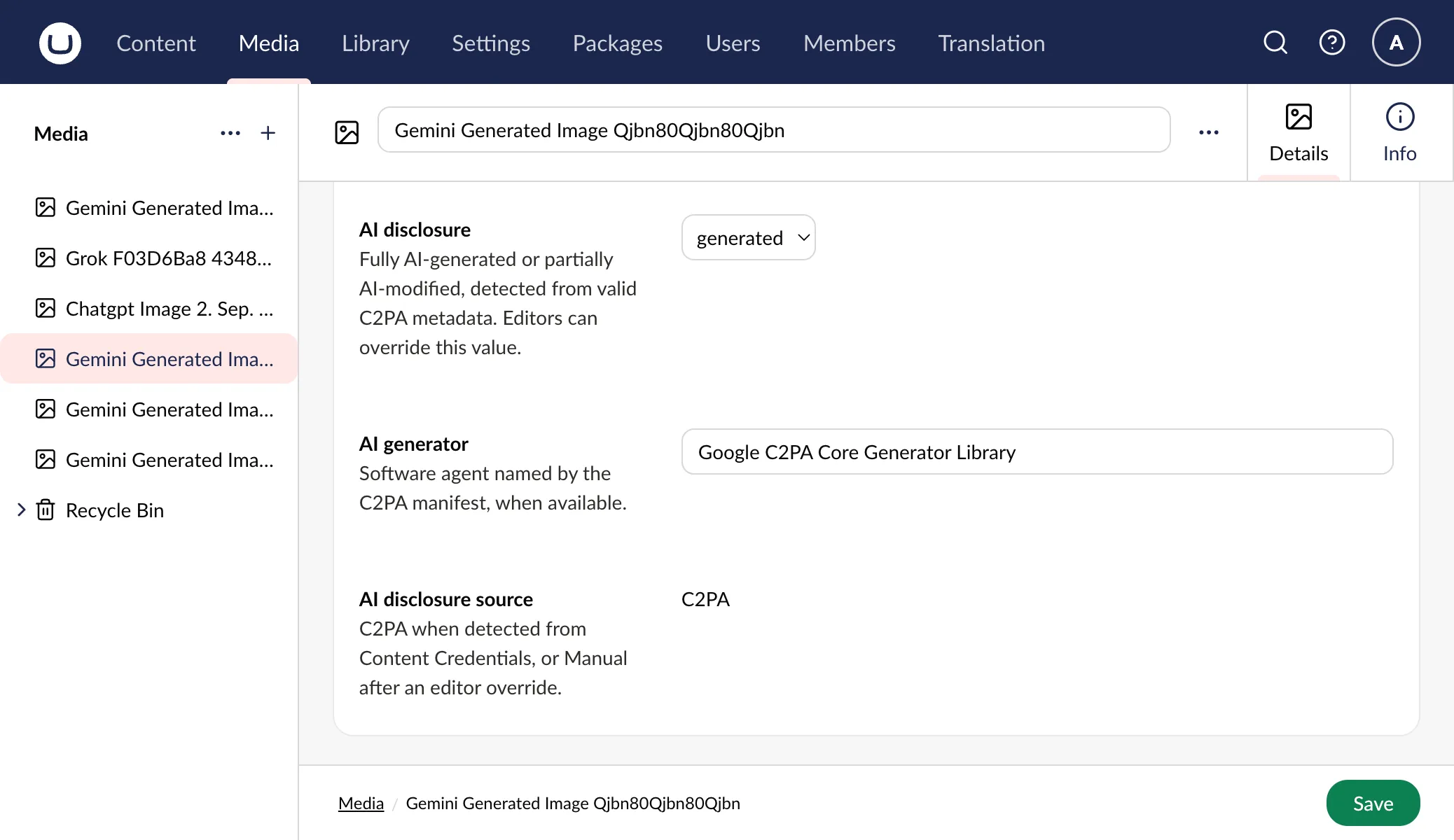 Detected AI disclosure properties on an Umbraco Image media item